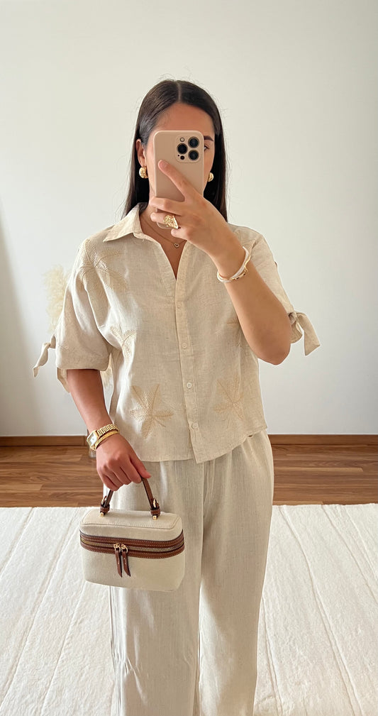 Chemisier feuilles lin - Beige